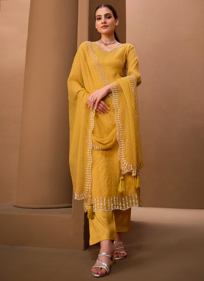 Organza Chiffon Yellow Traditional Wear Swarovski Work Salwaar Suit